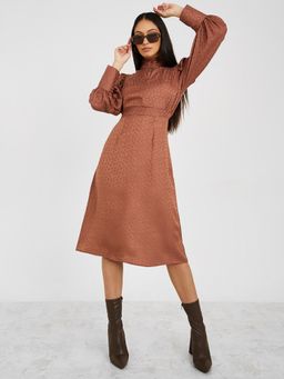 Styli - Long Sleeves Jacquard A-Line Midi Dress